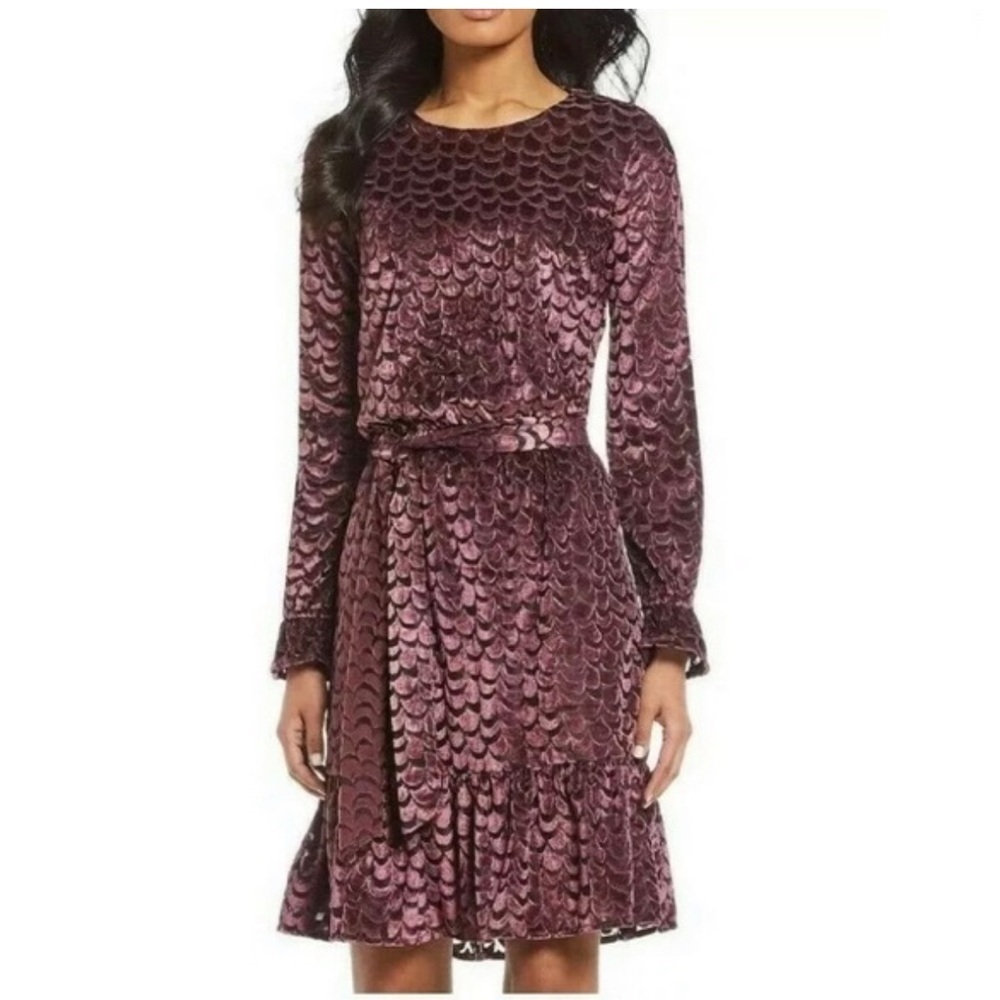 Michael Kors purple velvet dress medium long sleeve ruffle tie jacquard